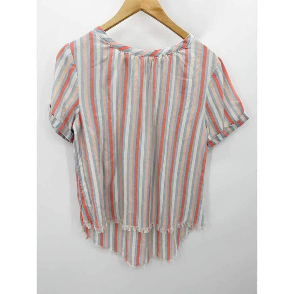 Alison‎ Andrews Top Women SMALL Pink White Blue Striped Short Sleeve High Low